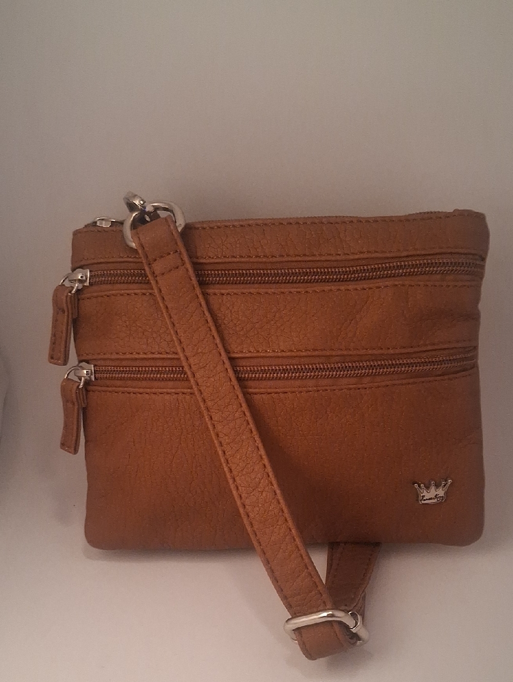 Cognac Leatherette Crossbody Bag with Crown Accent